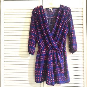 LAST CHANCE Geometric Romper Blue and Red V Neck